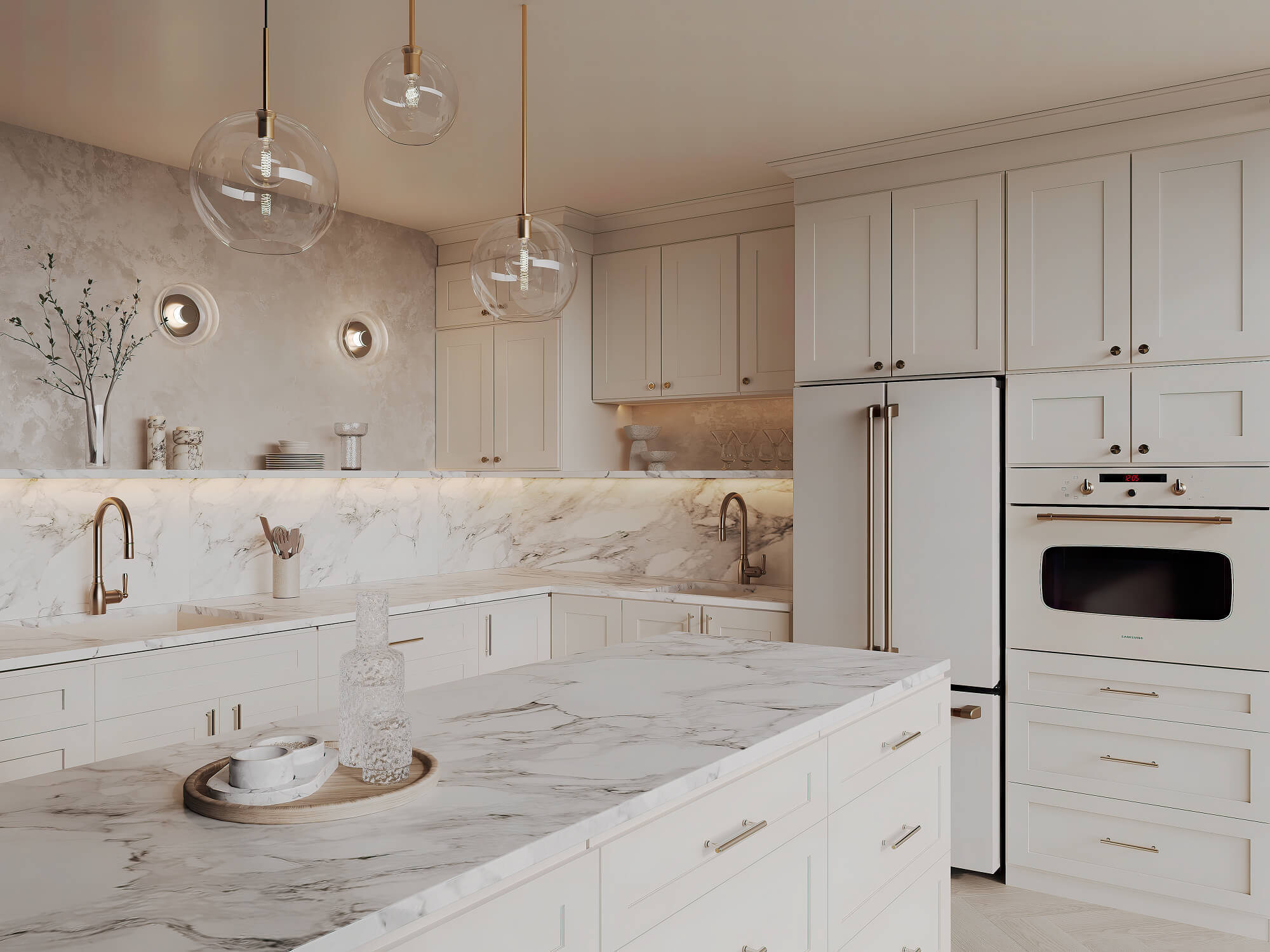 Elegant kitchen with matching cabinets, marble countertops, and coordinated flooring