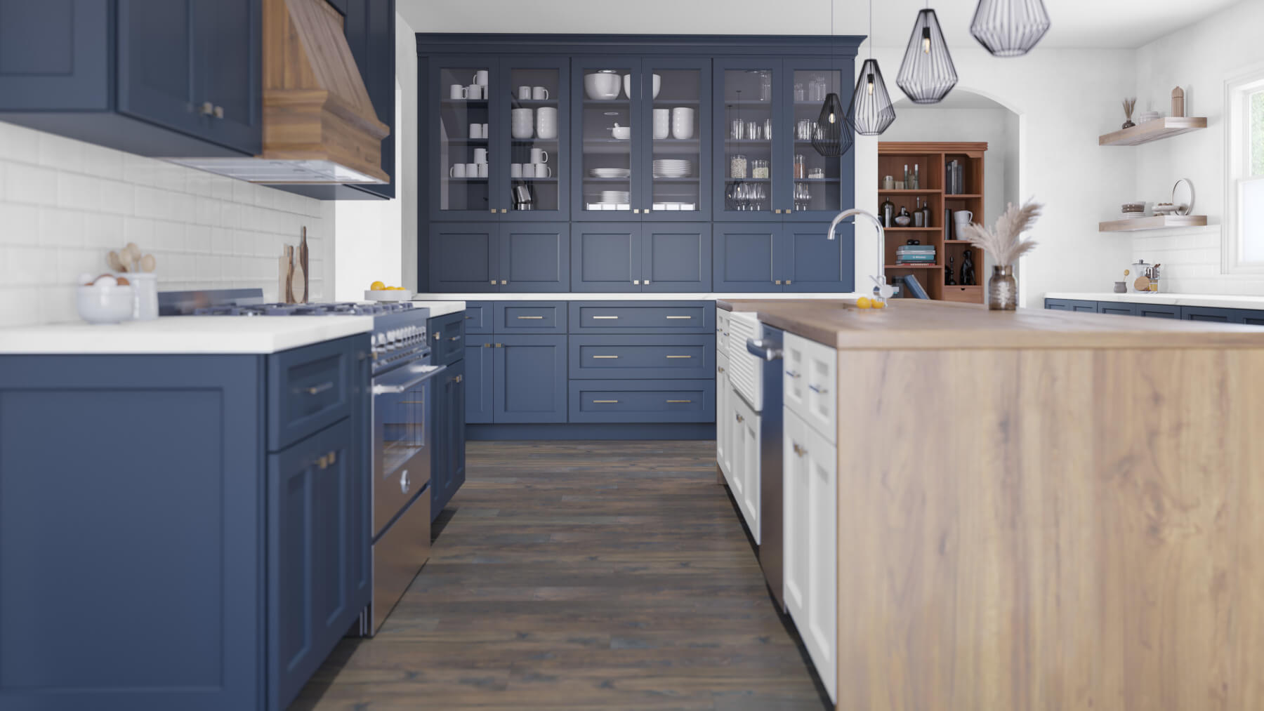 Navy blue kitchen cabinets with a white quartz-look countertop