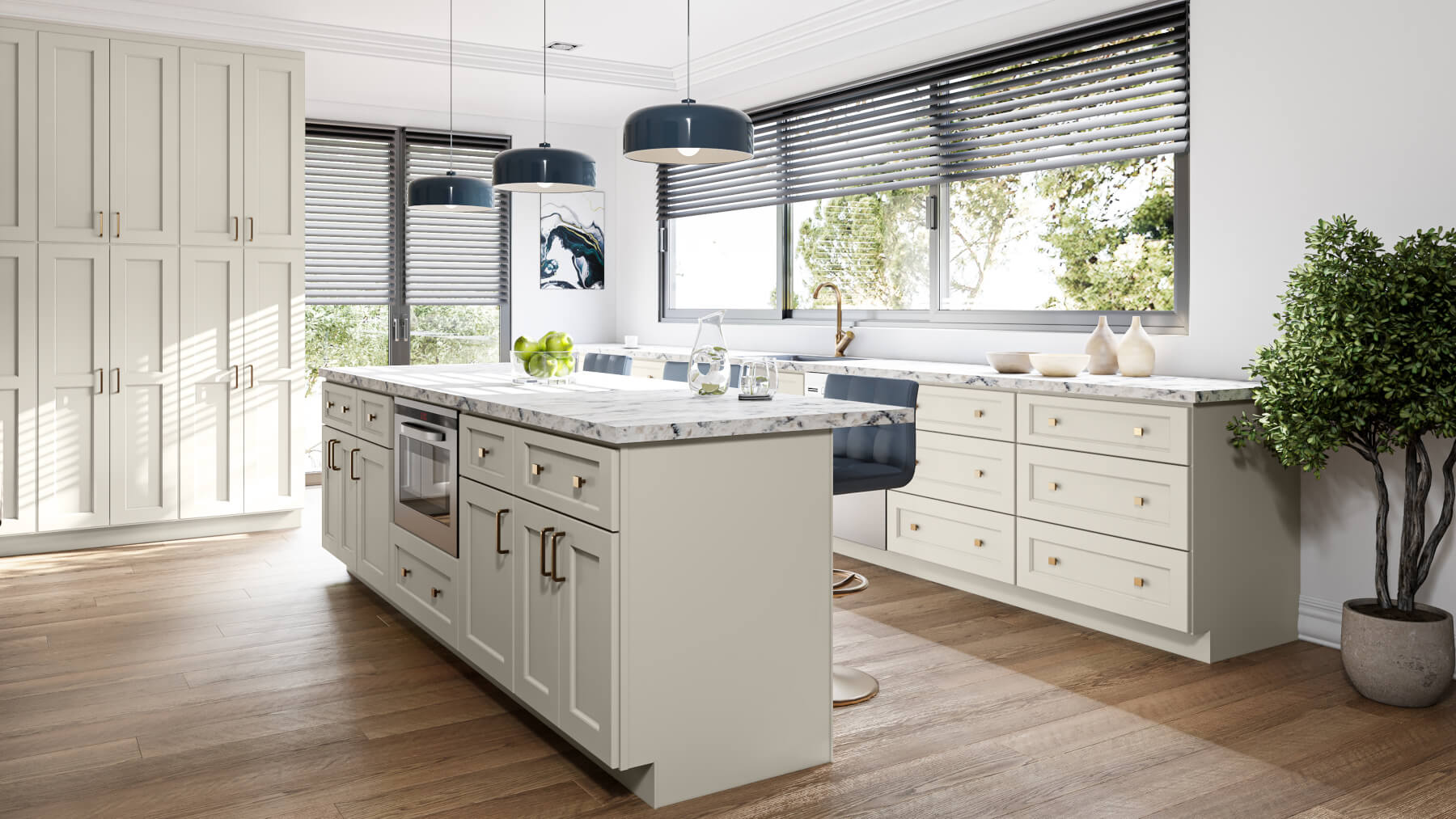 Tall pearl kitchen cabinets with a marble-look countertop