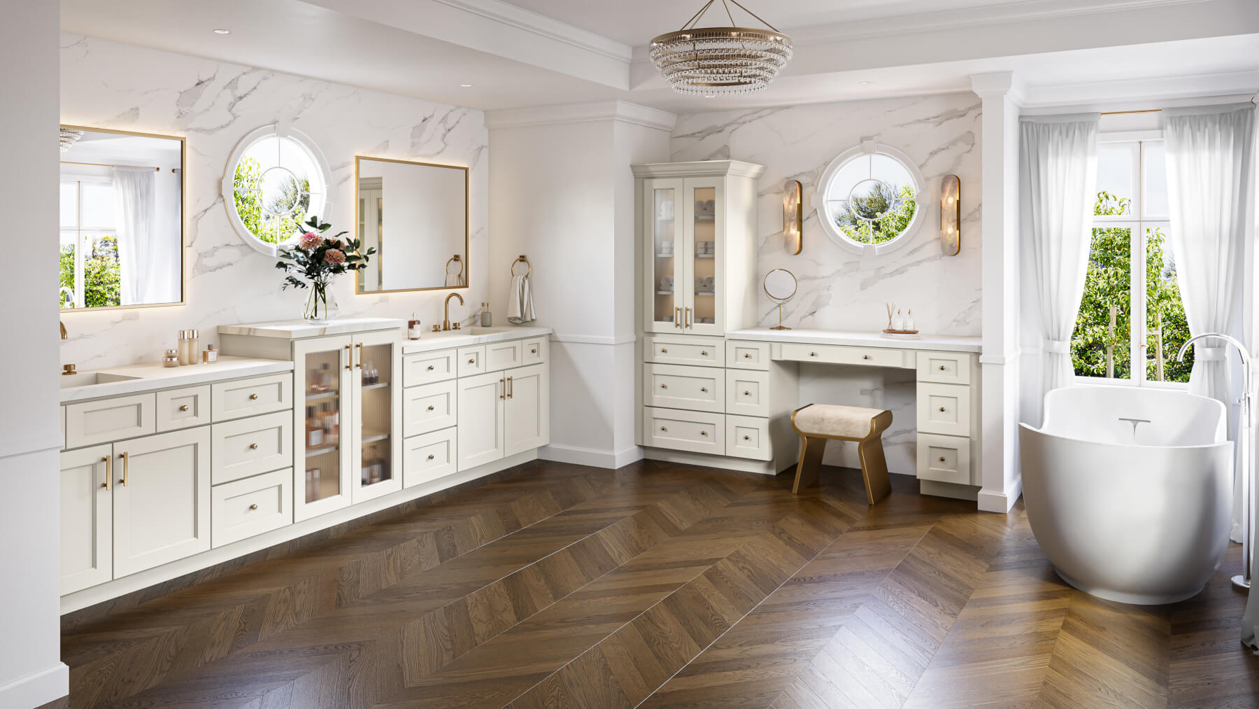 Bathroom vanity with pearl cabinetry and a marble-look countertop