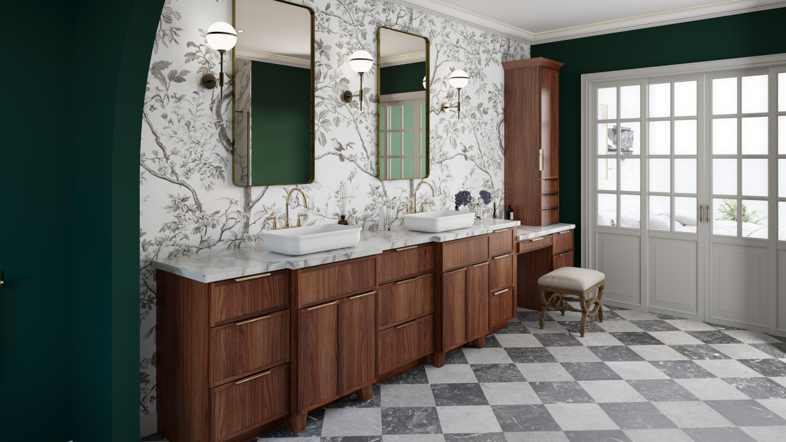 Double bathroom vanity with walnut cabinetry and marble countertop