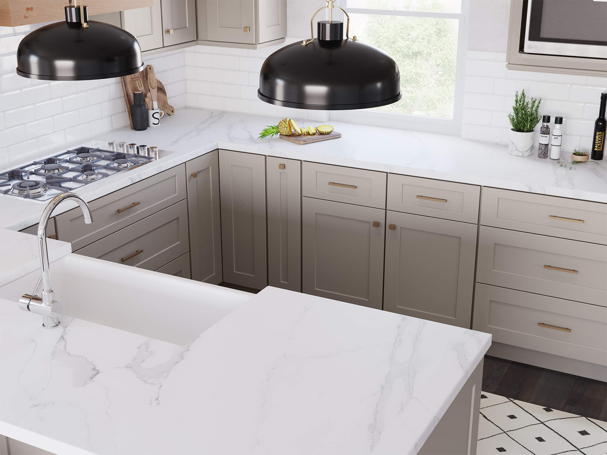 Close-up of a quartz-look countertop with a waterfall edge