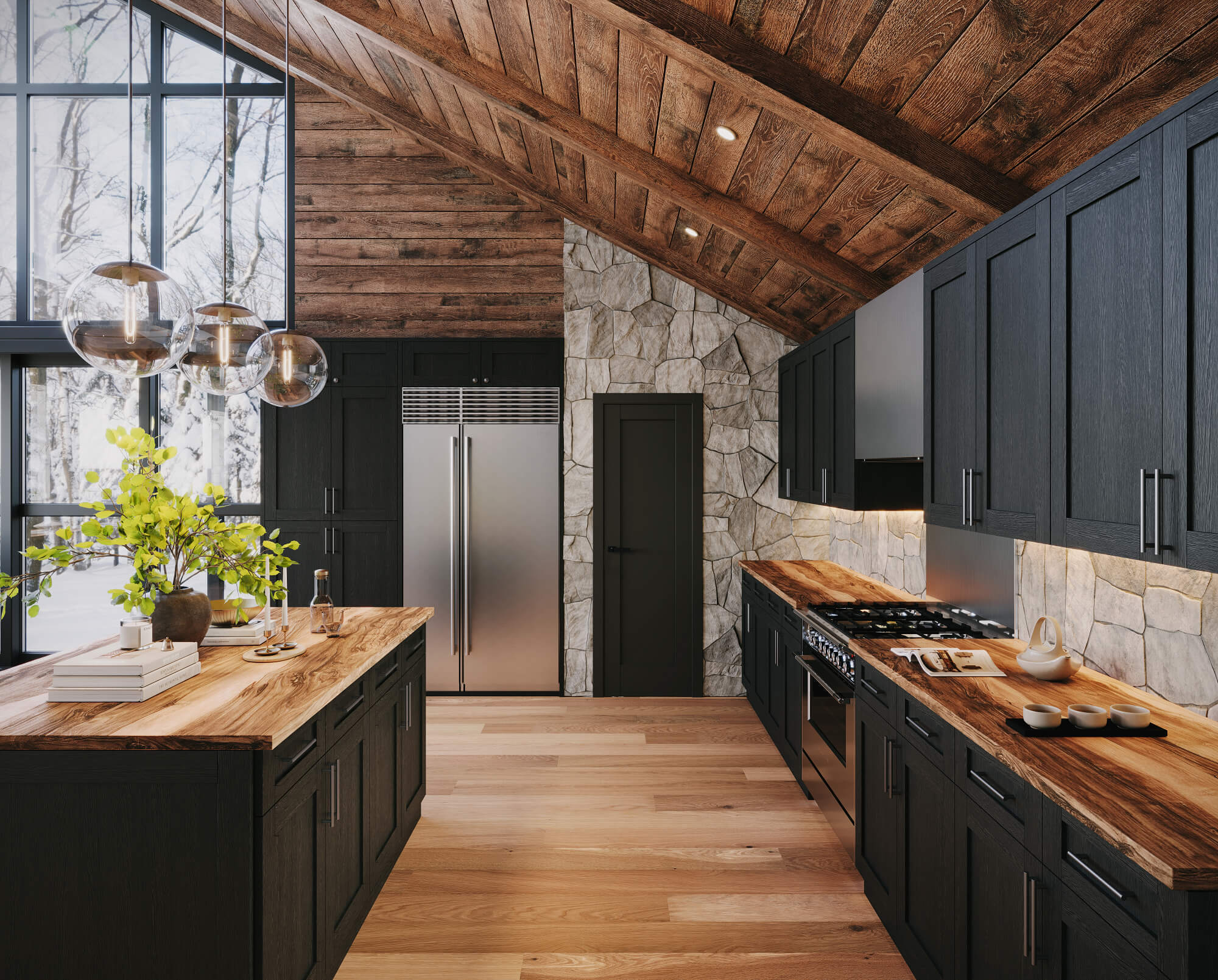 Moody kitchen with black shaker cabinets and stone accent wall