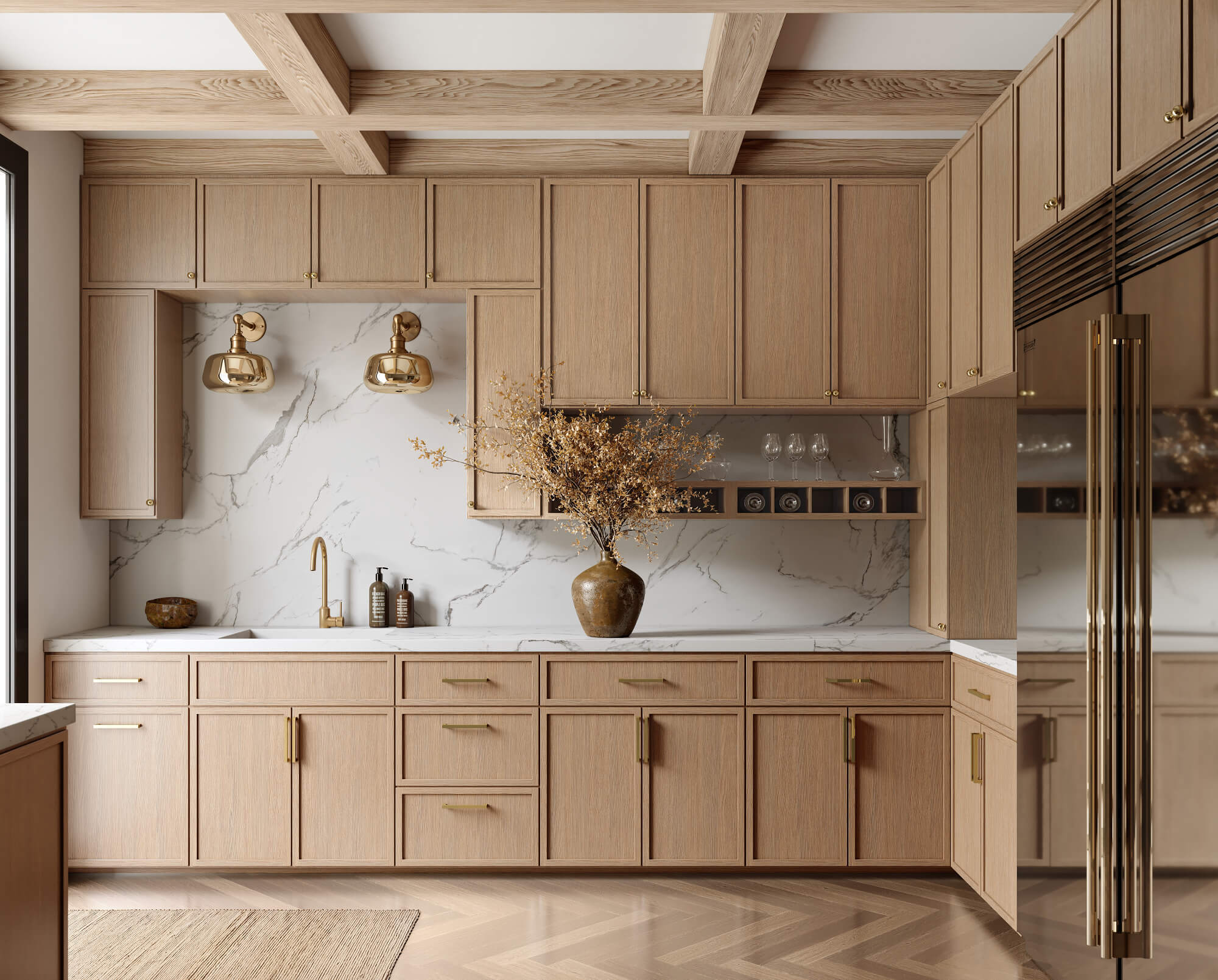 Light oak kitchen cabinets with a full-height stone backsplash